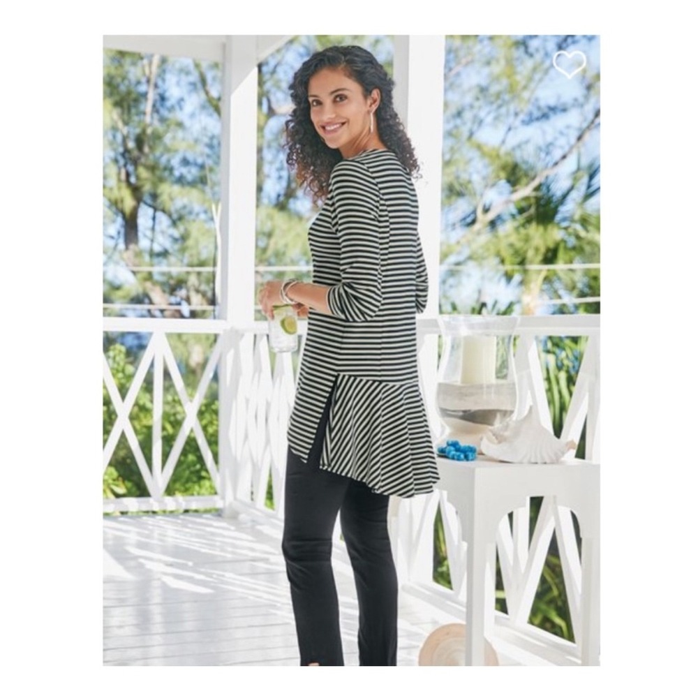 Soft Surroundings Womens M‎ Calista Black White Stripe Zip Front Jacket Tunic